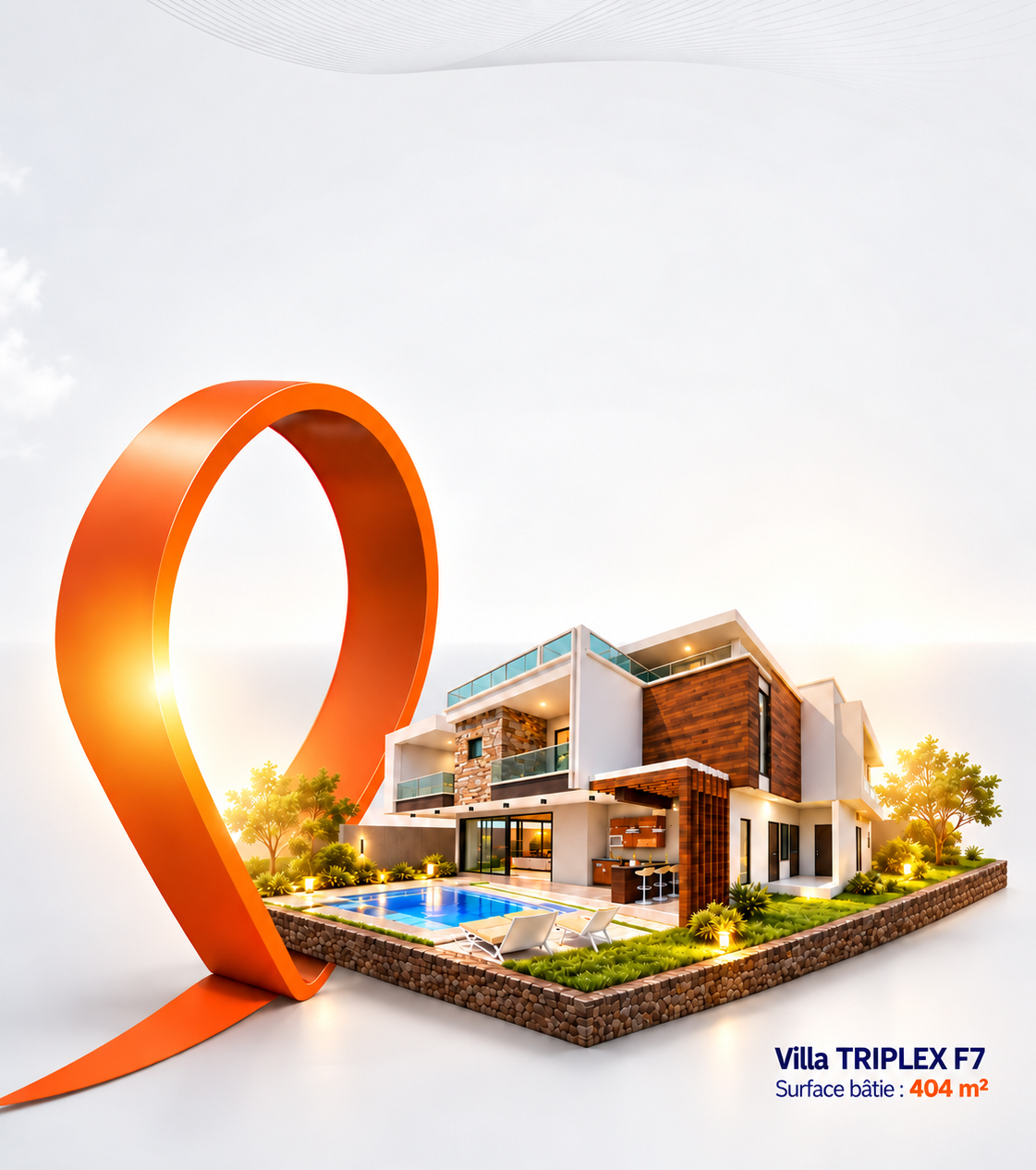 Villa TRIPLEX F7, surface bâtie de 404 m², visuel fourni sans la grande accroche publicitaire.